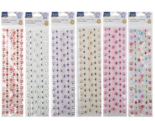 Стразы-наклейки акриловые АССОРТИ-11, 31х8 см, 7 дизайнов, ОПП-упаковка с европодвесом, M-8661