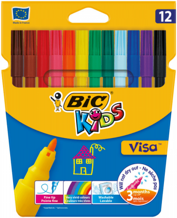 Фломастеры 12 цв. Bic "Visa 880", смываемые, картон. уп., европодвес, 888695